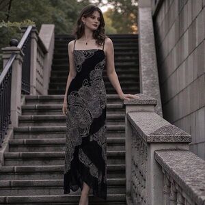 Eva Blue Black Paisley Bias Cut Slip Dress Dark Romantic Gothic Midi Size 12